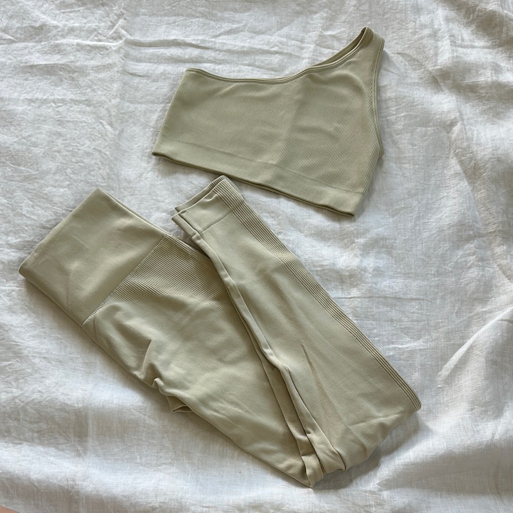 Amazon Women's Tan Pants & One Shoulder Sports Bra Set